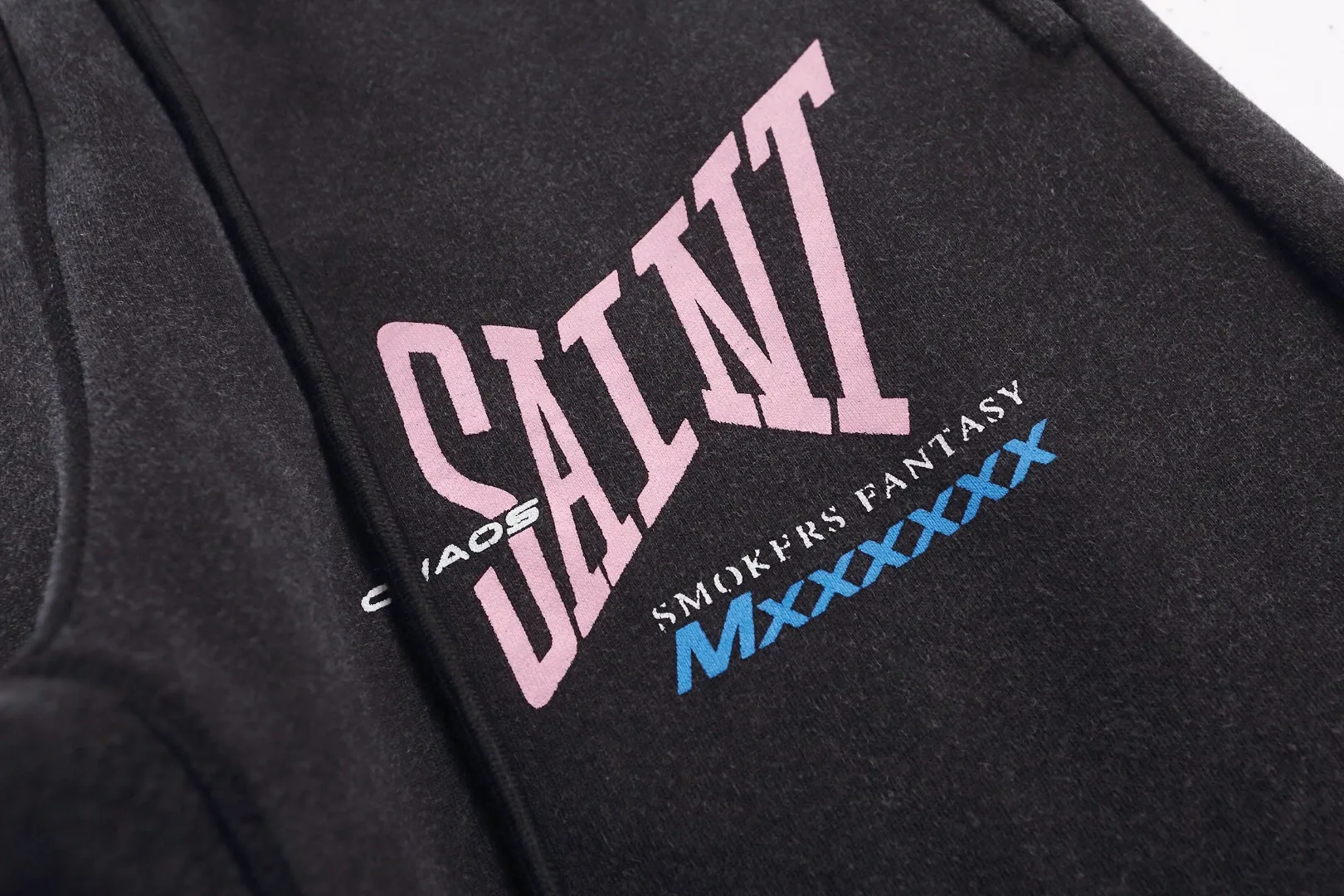 Stylish Saint Michael "SMOKERS FANTASY" letter print washed distressed lace-up loose-fitting velvet sweatpants Style number: SM639 Size: S-M-L-XL Color: black-light blue Price: P236